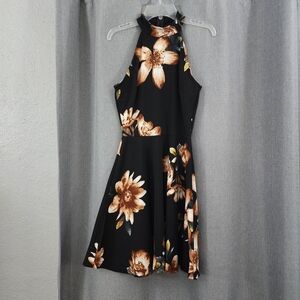 Floral Halter Neck Dress - Black and Brown
